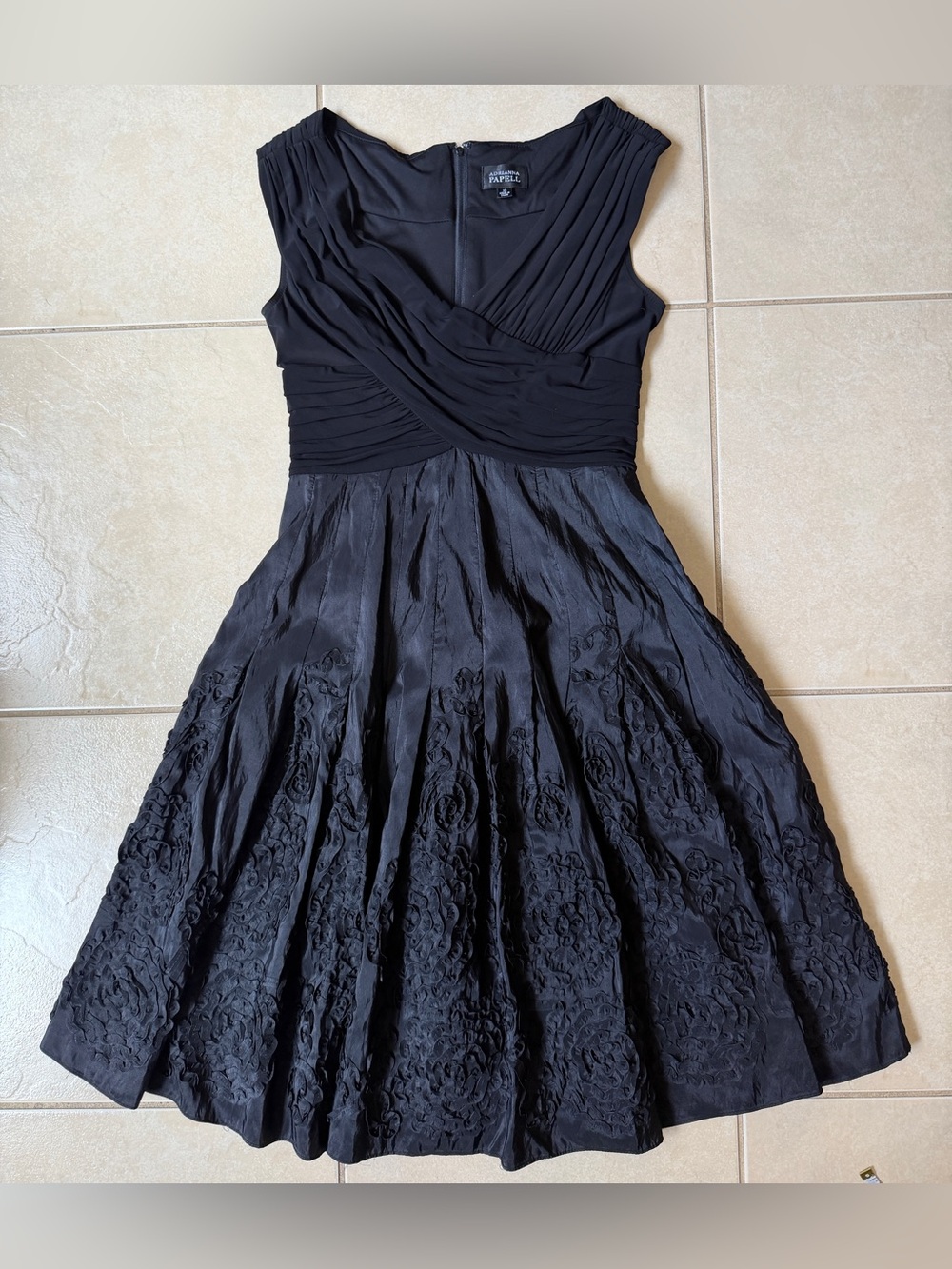 Adrianna Papell Tafetta Dress Women's Size 10 Black Crossover Floral Cocktail